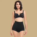 high waisted butt lifting shapewear in black shown on model, featuring lace waistband and firm sculpting for smooth body shaping