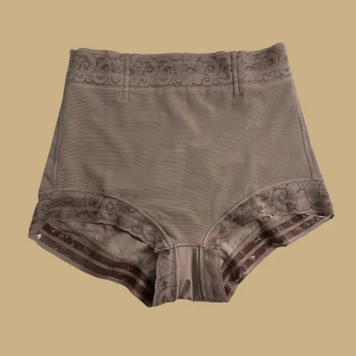 high waisted butt lifting shapewear in coffee brown shown flat, highlighting lace waistband and supportive shaping panels for comfort