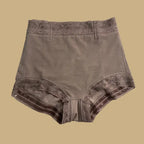 high waisted butt lifting shapewear in coffee brown shown flat, highlighting lace waistband and supportive shaping panels for comfort