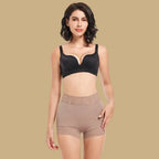 high waisted butt lifting shapewear in coffee brown worn by model, showing seamless shaping fabric for smooth contour enhancement