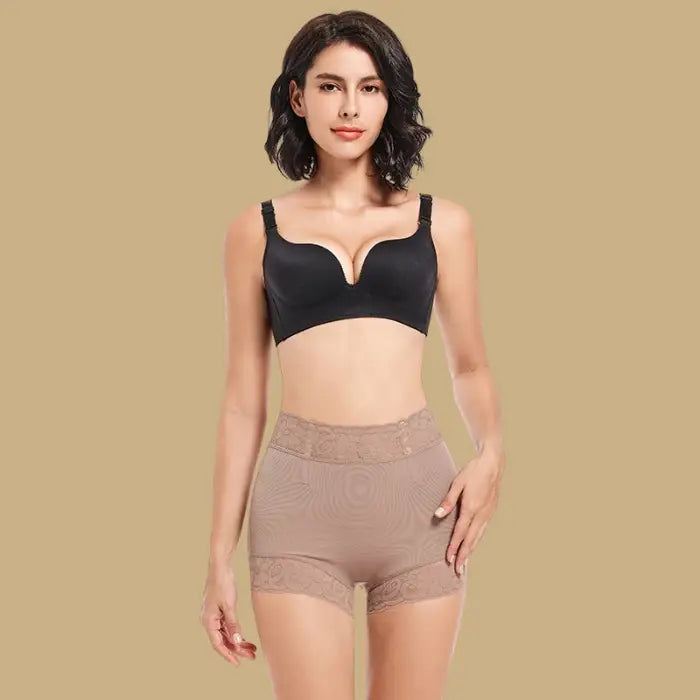 high waisted butt lifting shapewear in coffee brown worn by model, showing seamless shaping fabric for smooth contour enhancement