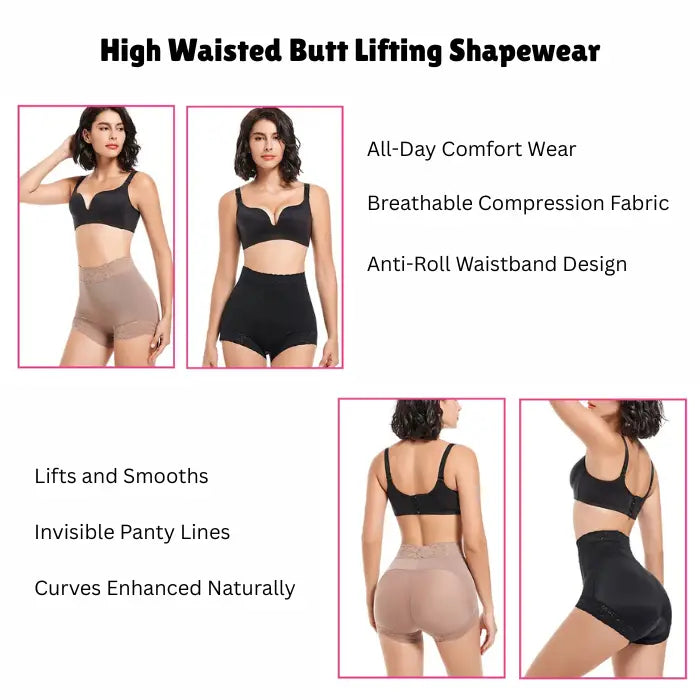 high waisted butt lifting shapewear displayed in black and beige with breathable fabric and firm lift for smooth, enhanced curves
