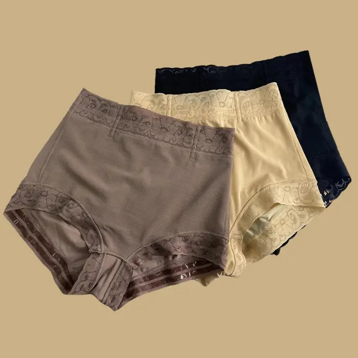 high waisted butt lifting shapewear displayed in three colors with lace trim, offering supportive shaping shorts and smooth compression fit