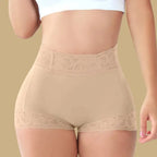 high waisted butt lifting shapewear in seamless beige worn by model, featuring lace trim and shaping compression for a smooth silhouette