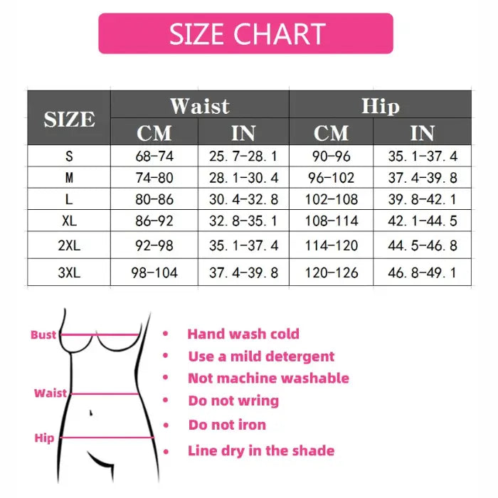 high waisted butt lifting shapewear size chart showing waist and hip measurements for accurate fit selection across all sizes