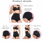 high waisted butt lifting shapewear in black shown with close-up fabric views and shaping panels for firm compression and smooth curves