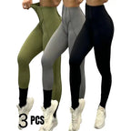 Bundle of 3 high-waisted leggings in black, grey, and green colors with slimming fit and compression seams.