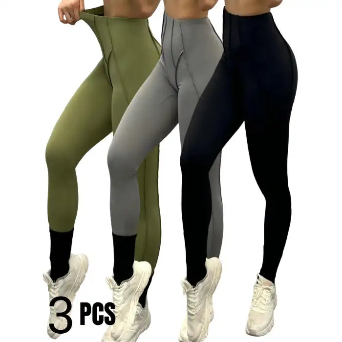 Bundle of 3 high-waisted leggings in black, grey, and green colors with slimming fit and compression seams.