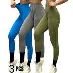 3-pack high-waisted leggings in blue, grey, and green for gym workouts and activewear bundles.