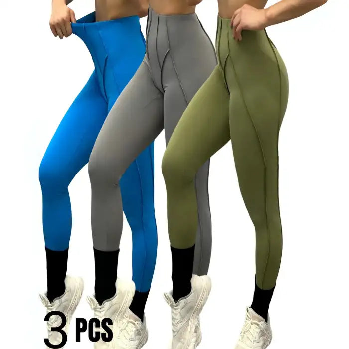 3-pack high-waisted leggings in blue, grey, and green for gym workouts and activewear bundles.