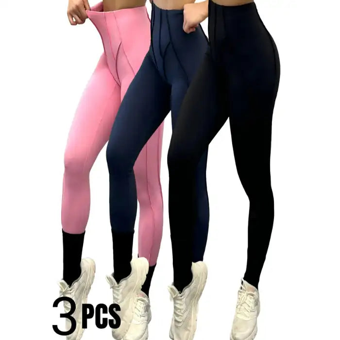 Set of 3 high-waisted leggings in pink, navy, and black colors, designed for performance and style.