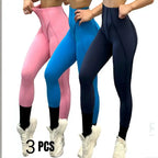 3-pack high-waisted leggings in pink, blue, and navy tones with flattering seams for gym and lifestyle.