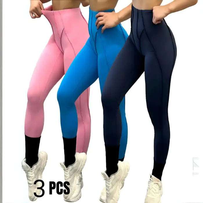 3-pack high-waisted leggings in pink, blue, and navy tones with flattering seams for gym and lifestyle.