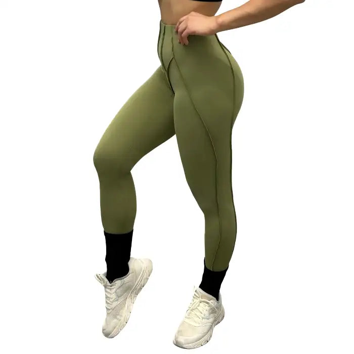 High-waisted leggings in olive green with sleek seam detail, perfect for athleisure and gym wear.