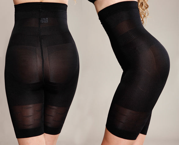 High waisted tummy control shorts in black shown from the back, highlighting the no-roll ribbed waistband