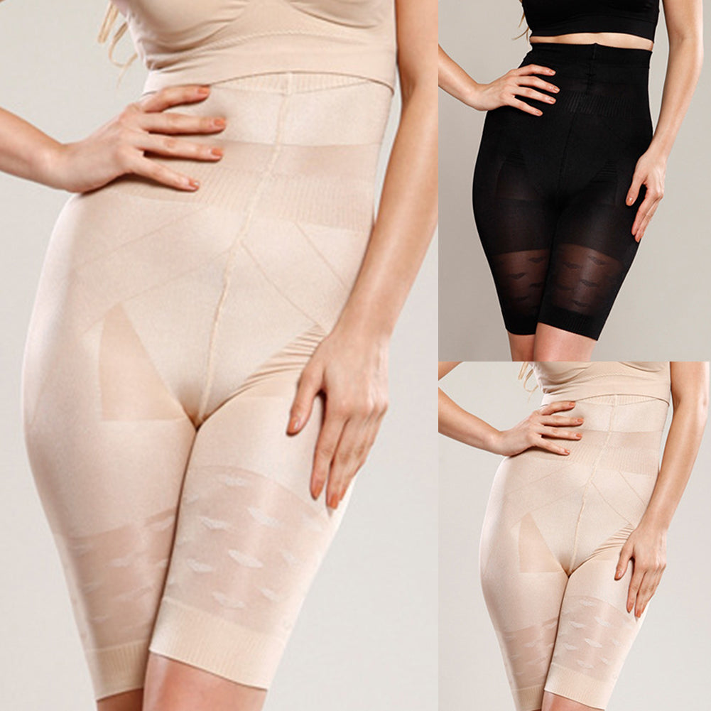High waisted tummy control shorts shown from the front, smoothing from below the bust to mid-thigh