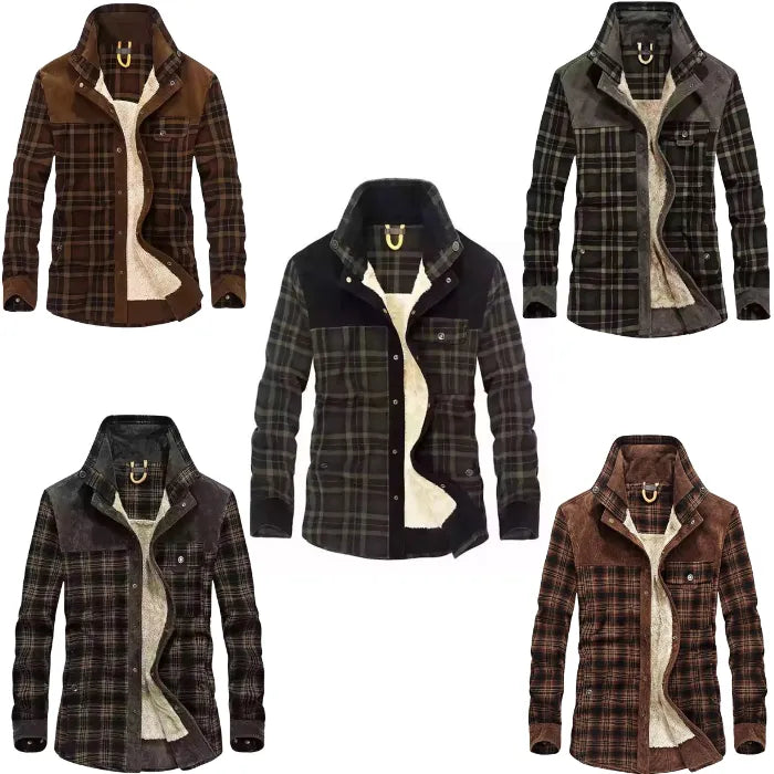 Collection of plaid jackets in various colors on a white background