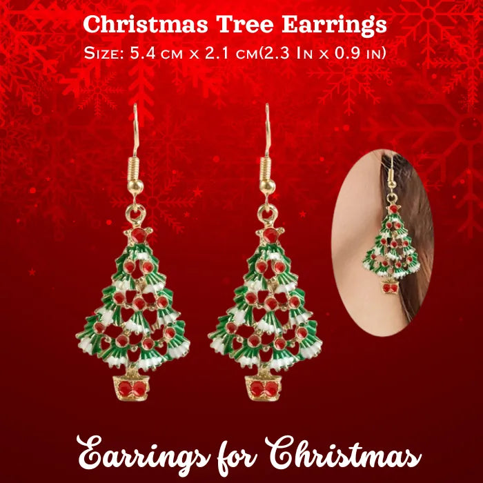 Holiday earrings Christmas tree enamel dangle in green and red, 54 mm length