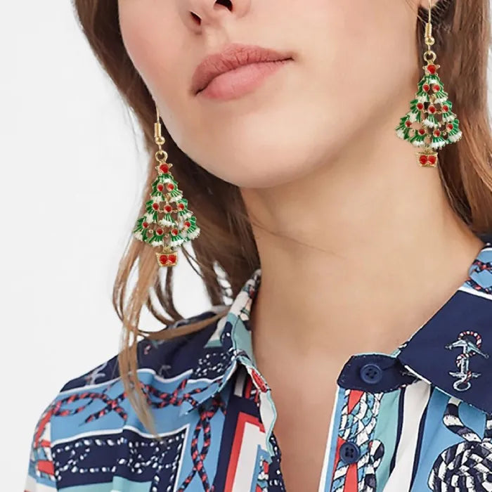 Holiday earrings Christmas tree long dangle shown on ear, 54 mm