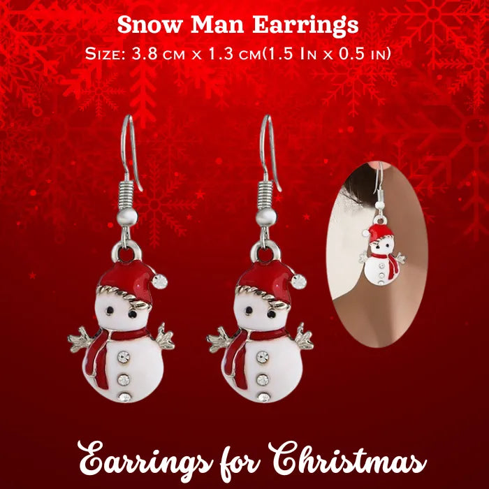 Holiday earrings snowman enamel dangle with red hat and scarf, 38 mm length