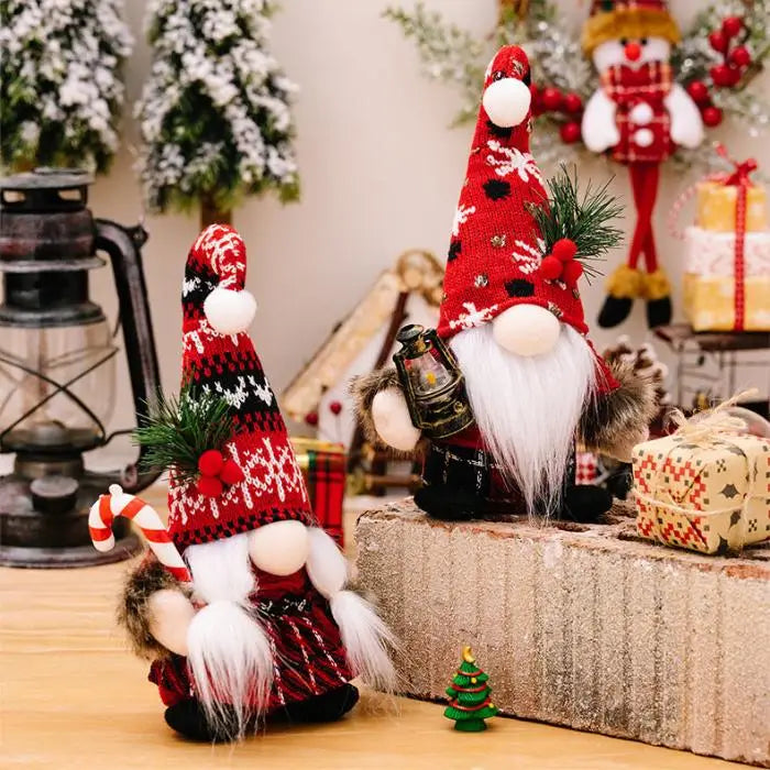 Charming Christmas gnome display featuring various styles and accessories, set against a backdrop of festive decorations and gifts