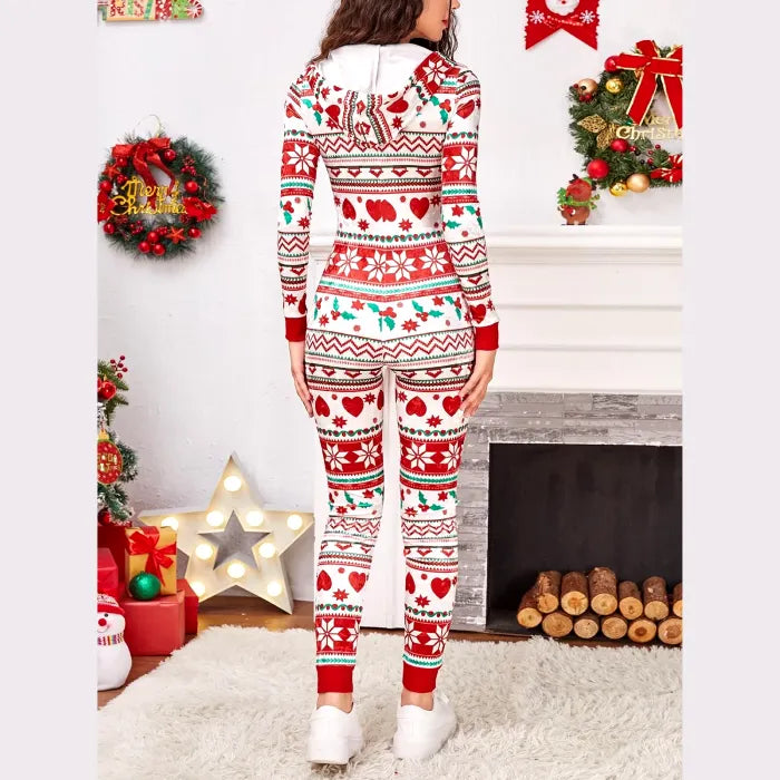 Back view of holiday onesie with intricate red and green patterns. Perfect for festive celebrations.