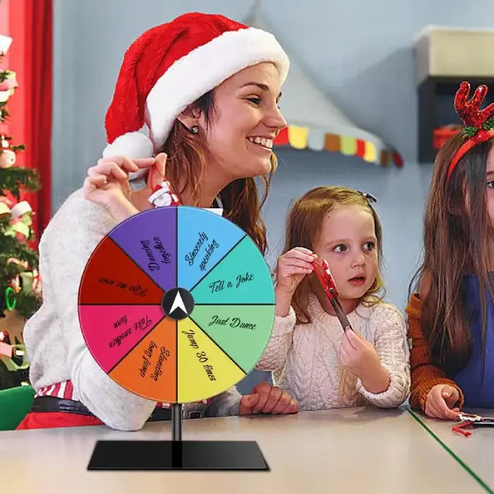 Holiday-themed spin wheel with family enjoying interactive party games during festive celebrations.