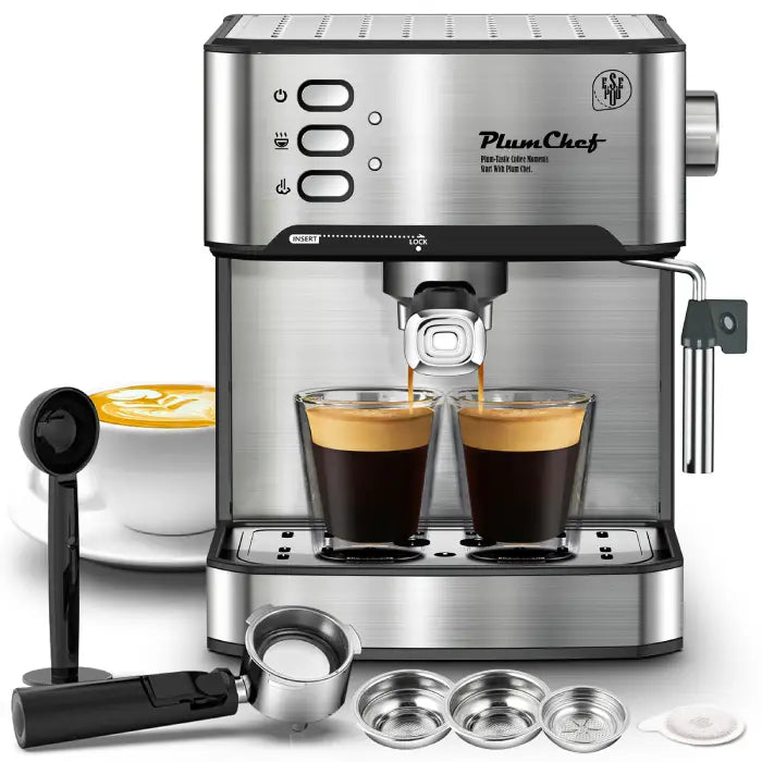 Home espresso machine accessories include portafilter, filters, and coffee scoop for easy use.