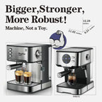 Home espresso machine compact size and robust design with easy operation and strong pressure.