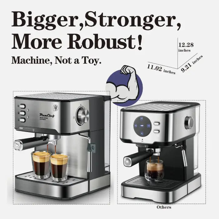 Home espresso machine compact size and robust design with easy operation and strong pressure.
