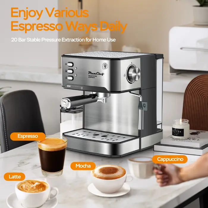 Home espresso machine with pressure gauge making cappuccino and latte with 20 bar steam.