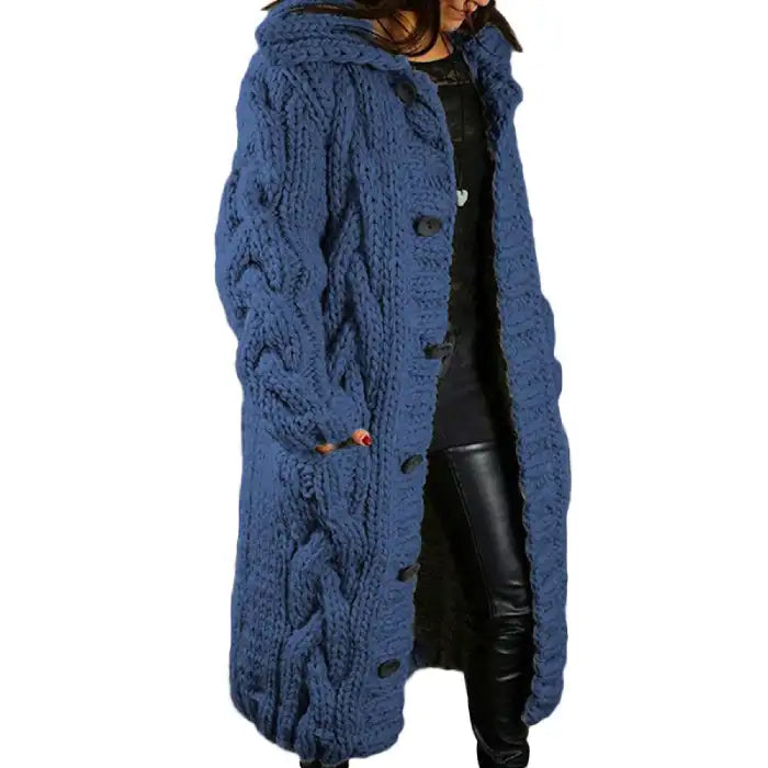 Hooded cable knit cardigan coat long chunky in royal blue with thick braided texture, button closure.