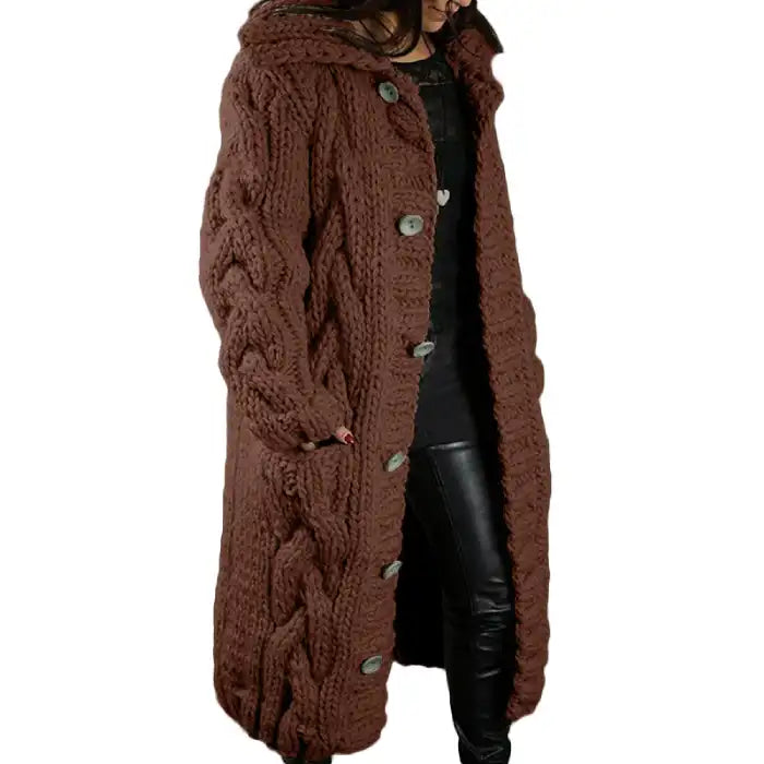  Hooded cable knit cardigan coat long chunky in chocolate brown with thick cable texture, button front.
