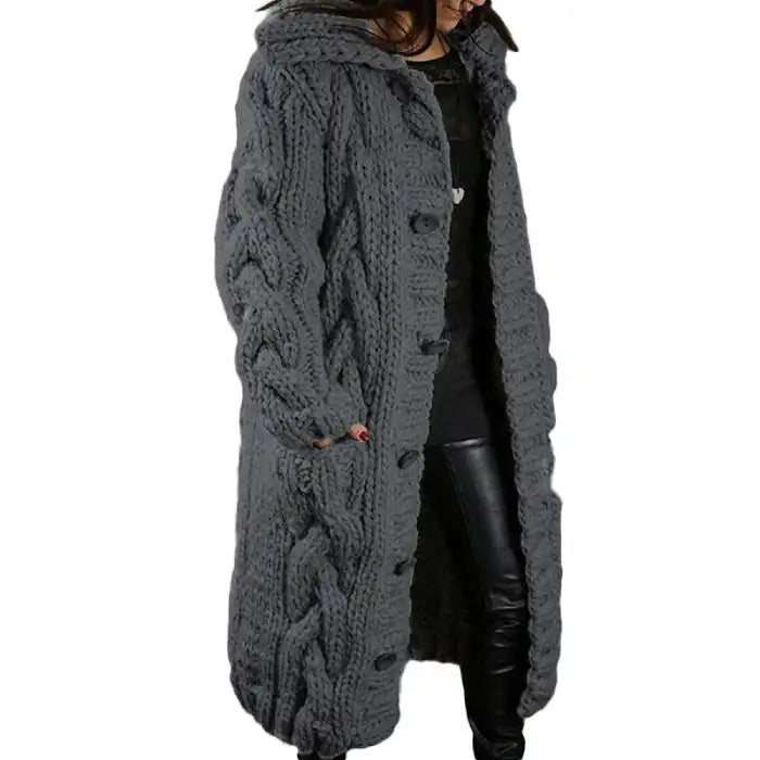  Hooded cable knit cardigan coat long chunky in charcoal gray with textured braided pattern, button front.