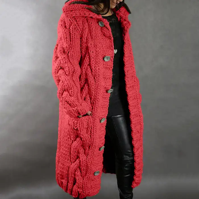  Hooded cable knit cardigan coat long chunky in coral pink with vivid cable texture, decorative buttons.