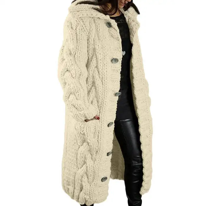  Hooded cable knit cardigan coat long chunky in cream with intricate cable pattern, front button design.