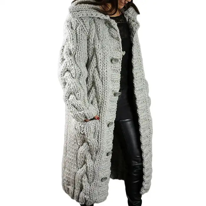  Hooded cable knit cardigan coat long chunky in light gray with deep braided texture, button closure.