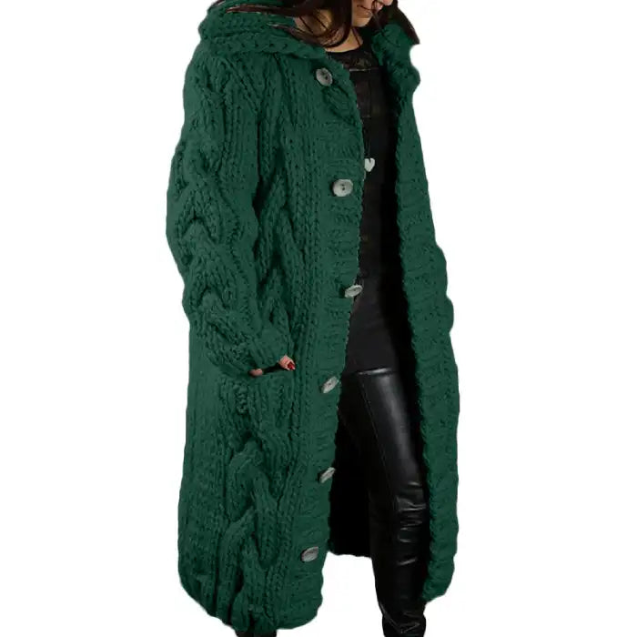  Hooded cable knit cardigan coat long chunky in forest green with vertical braided design, button front.