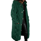  Hooded cable knit cardigan coat long chunky in forest green with vertical braided design, button front.