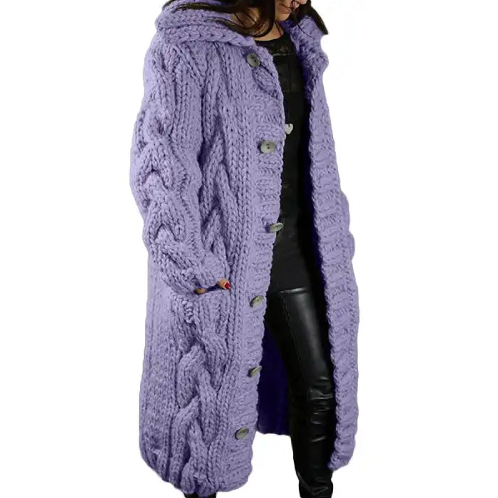  Hooded cable knit cardigan coat long chunky in lavender with soft textured pattern, decorative buttons.