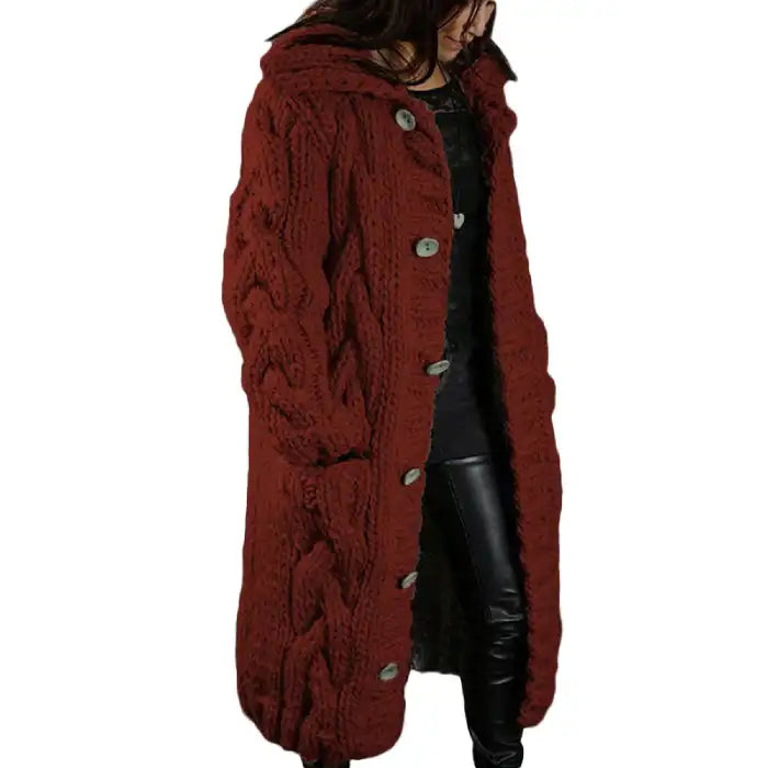  Hooded cable knit cardigan coat long chunky in burgundy with textured braided pattern, button front.