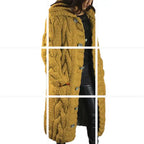  Hooded cable knit cardigan coat long chunky in mustard yellow with chunky texture, button details shown.