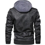 Hooded faux leather bomber jacket in black from behind, featuring gray hood and ribbed waistband.