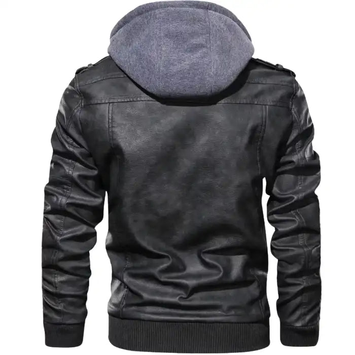 Hooded faux leather bomber jacket in black from behind, featuring gray hood and ribbed waistband.