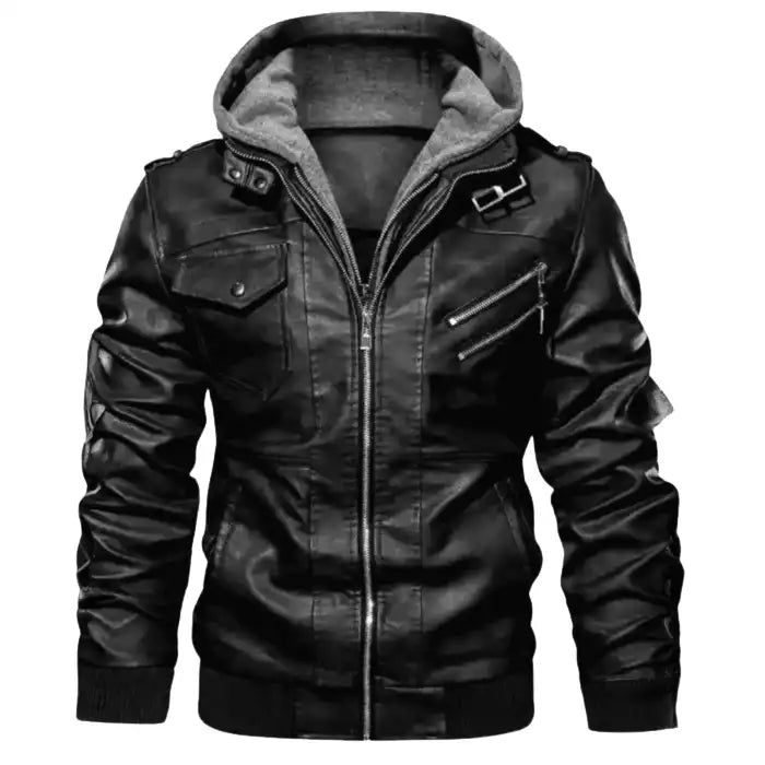  Hooded faux leather bomber jacket in black, detailed view highlighting chest pockets and hardware.