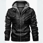 Hooded faux leather bomber jacket in black, front angle showing zipper closure and pocket design.
