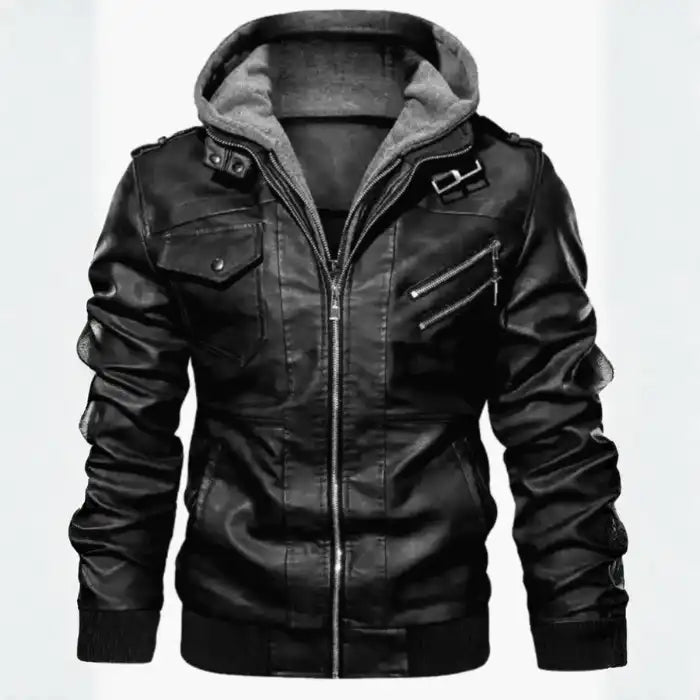 Hooded faux leather bomber jacket in black, front angle showing zipper closure and pocket design.
