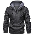 Hooded faux leather bomber jacket in black with gray hood, chest pockets, and zipper details.