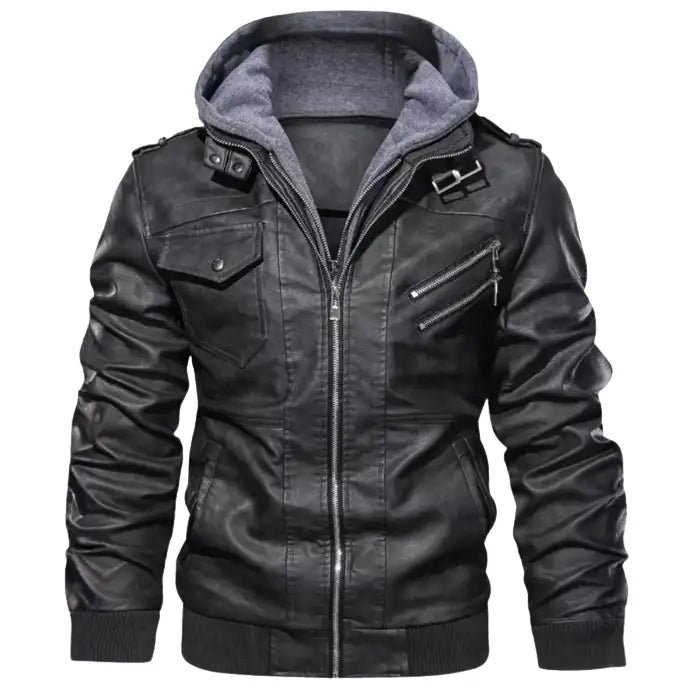 Hooded faux leather bomber jacket in black with gray hood, chest pockets, and zipper details.