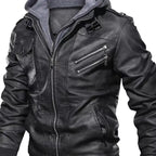 Hooded faux leather bomber jacket in black shown unzipped, displaying gray hood lining and pockets.